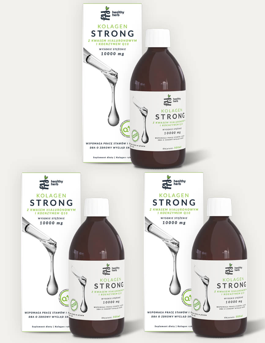 Na grafice przedstawiono trzy butelki i jedno pudełko suplementu diety o nazwie "Kolagen Strong" z Healthy Herb. Produkt zawiera kolagen z kwasem hialuronowym i koenzymem Q10, co jest wyróżnione na etykiecie. Każda butelka ma pojemność 500 ml, a na opakowaniu znajduje się informacja o wysokim stężeniu składnika aktywnego - 10000 mg. Design produktu jest prosty i elegancki, z białymi i zielonymi elementami na etykiecie, co pasuje do naturalnej koncepcji marki. W tle, białe, minimalistyczne i czyste, z delikatnym cieniem pod butelkami, podkreślając ich trójwymiarowość. Na przedniej etykiecie butelki i opakowania kartonowego znajduje się także logo marki – zielony listek i nazwa "healthy herb". Grafika jest zaprojektowana tak, aby przyciągnąć uwagę do kluczowych informacji o produkcie i jego naturalnych właściwościach.