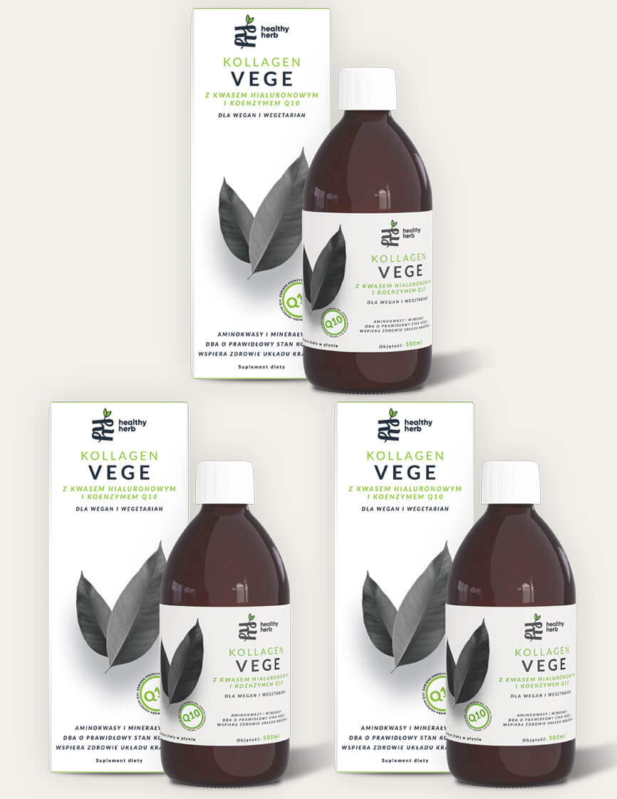 Na obrazie przedstawione są trzy butelki i jedno pudełko suplementu diety o nazwie "Kolagen Vege" z Healthy Herb. Jest to wersja produktu przeznaczona dla wegan i wegetarian, co jest wyraźnie zaznaczone na opakowaniu. Butelki i pudełko mają jednolite, czyste projektowanie z wykorzystaniem bieli i zieleni, z grafiką liści symbolizujących roślinny charakter produktu. Każda butelka o pojemności 500 ml zawiera kolagen roślinny z kwasem hialuronowym i koenzymem Q10. Na etykietach widnieją również informacje, że produkt zawiera aminokwasy i minerały oraz wspiera zdrowie układu krążenia. Tło obrazu jest białe, co nadaje całości świeży i naturalny wygląd, podkreślający wegański profil produktu.